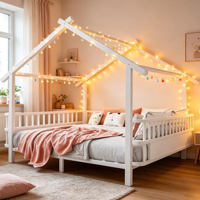 Lit cabane lit enfant en Forme de Maison 140x200 avec barrières de sécuritéSommier  métallit double pour garçon et filleblanc