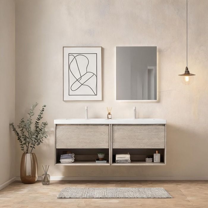 Meuble vasque suspendu double vasque 140 cm chêne clair blanc doux 2 tiroirs et niches ouvertes style contemporain