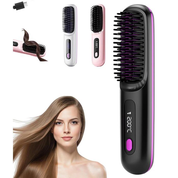 Brosse lissante électrique sans fil LED chauffage rapide rechargeable noir voyage Cuneary