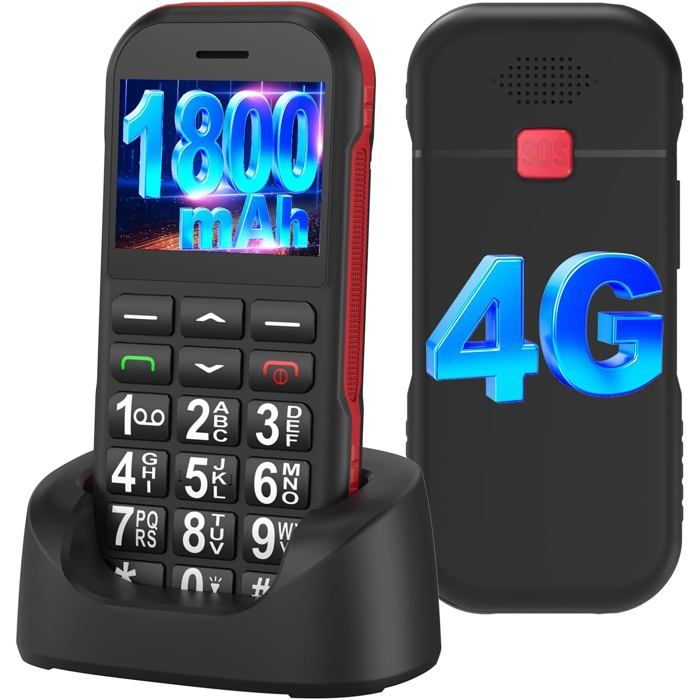 Téléphone Senior 4G Débloqué Grosses Touches Bouton SOS Batterie 1800mAh USB-C Lampe Torche Écran 2.4 Noir