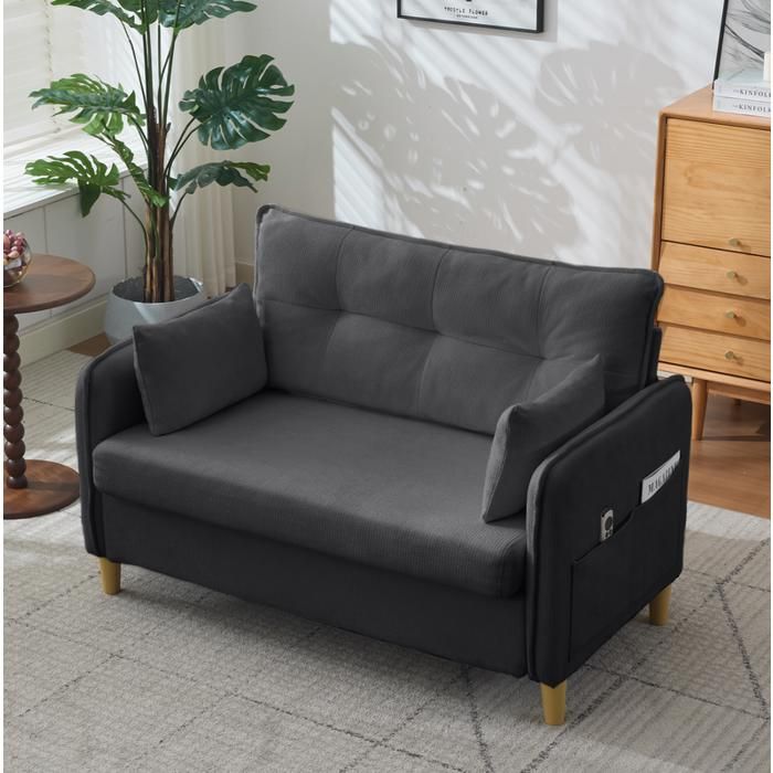 Canapé fixe 2 places 127 cm en chenille gris foncé avec accoudoirs poches latérales et coussins