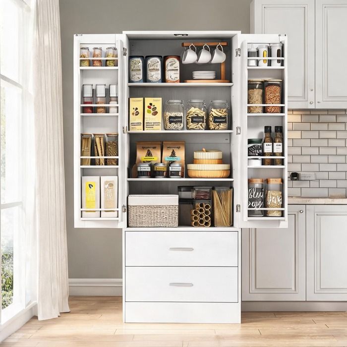 Buffet haut blanc 60x40x159 cm – Panneau de particules 2 portes 8 porte-épices 2 tiroirs style Shaker