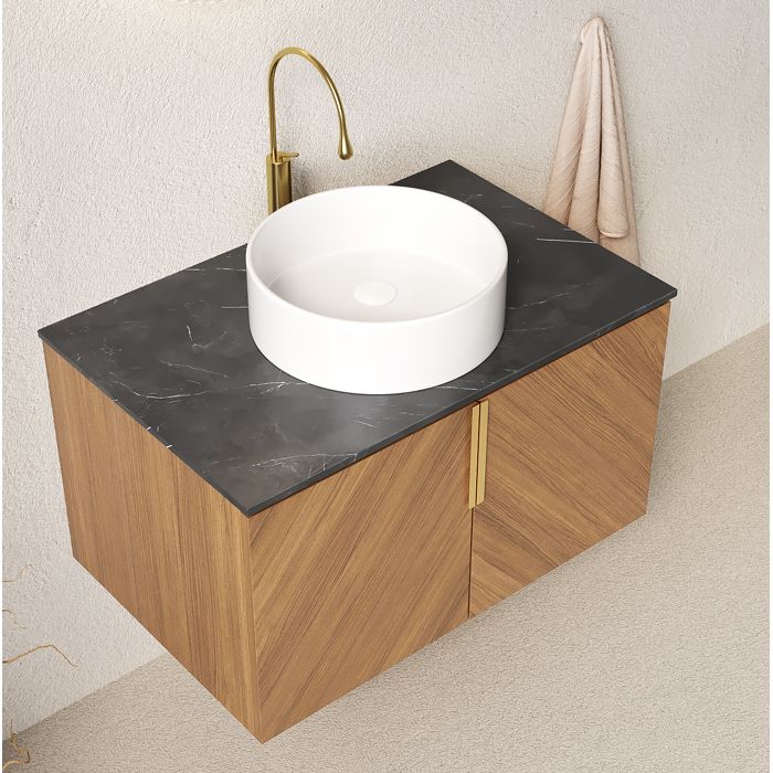 Meuble Sous Vasque Suspendu 76 cm Noir Chene Plan Vasque Design FloraGrace Pour Salle De Bain 2 Portes Soft-Close 76x50x53 1cm