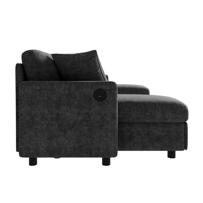 SENVIRO canapé dangle en U convertible 4 places 260 x 128 x 82 cm chenille gris foncé rangement USB et Type C
