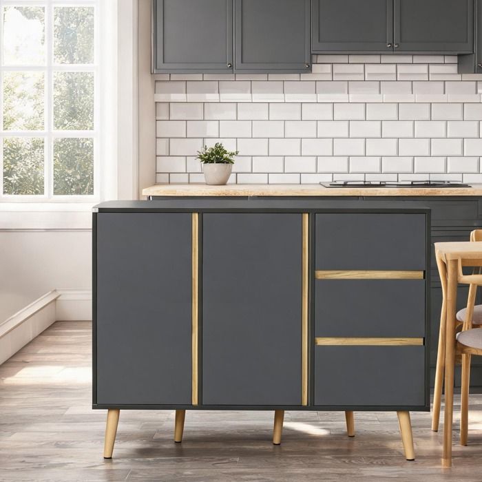 Buffet bas scandinave gris anthracite 120x40x80 cm 2 portes et 3 tiroirs rangement modulable pour salon ou entrée