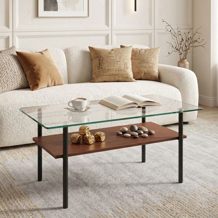 Table basse - WESTYLE - Rectangulaire 97 7×57 7×45 cm - Plateau verre sécurité - 2 niveaux avec étagère MDF - Piètement métal noir