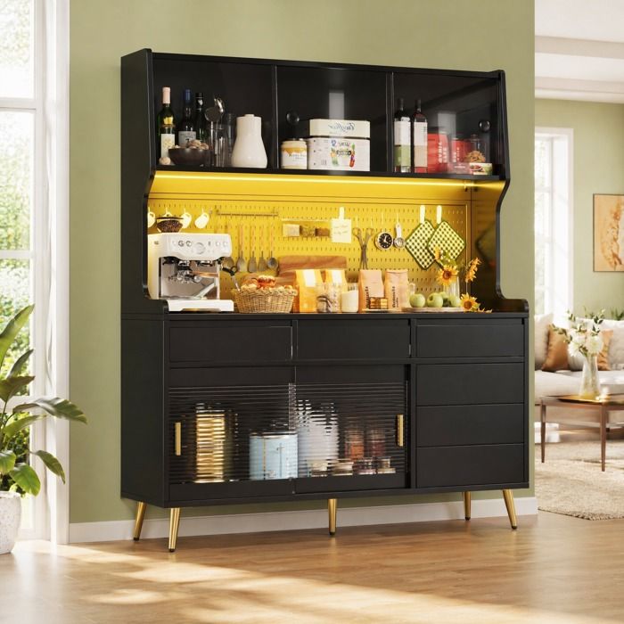 Buffet haut avec LED contrôlée par application et portes coulissantes en verre strié - LPOSPI - MDF métal verre noir