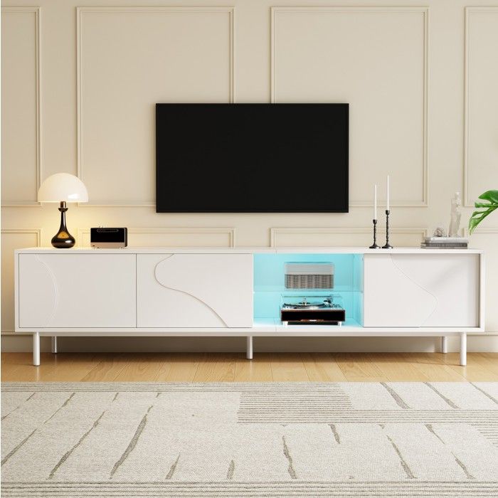 Meuble TV blanc 180 cm - 3 portes coulissantes - LED multicolore par application