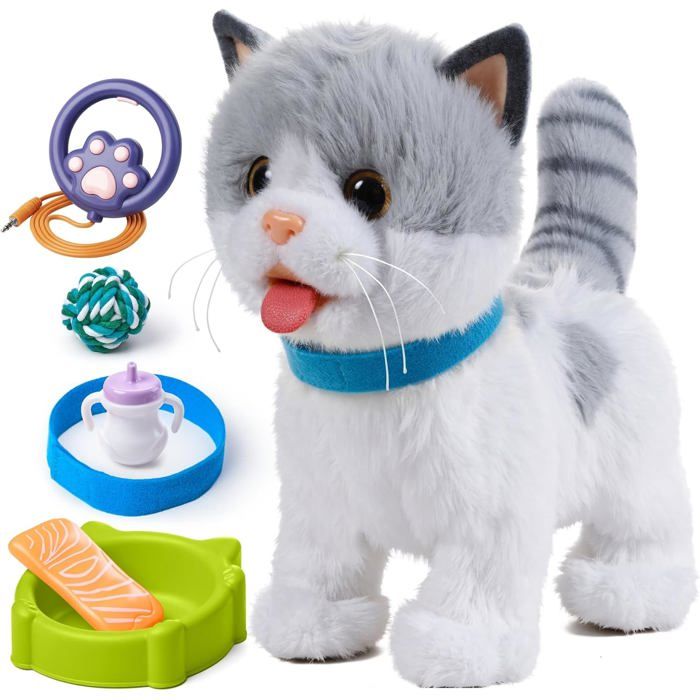TU Chat Interactif Peluche Chat Animaux électronique Qui Marche et aboie en Laisse s Interactifs pour Les LAISSE
