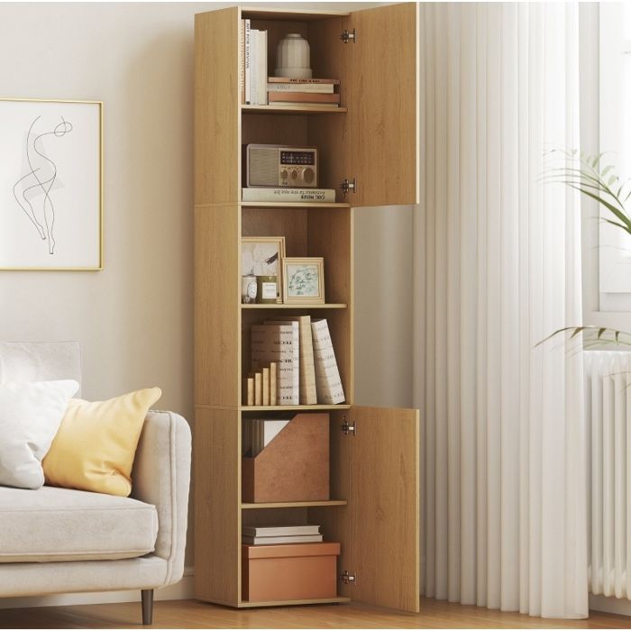 ULEVR Colonne de salle de bain 40 x 31 x 182 cm 2 portes 2 étagères ouvertes décor chêne style scandinave
