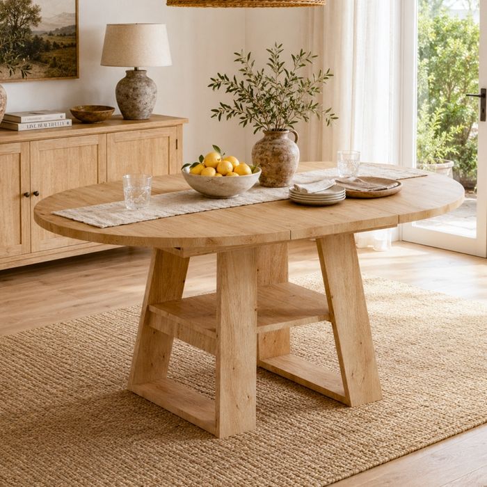Table à manger extensible-110/150*100cm-pour 4-6 personnes-table ronde-avec espace de rangement et étagères-bois de chêne