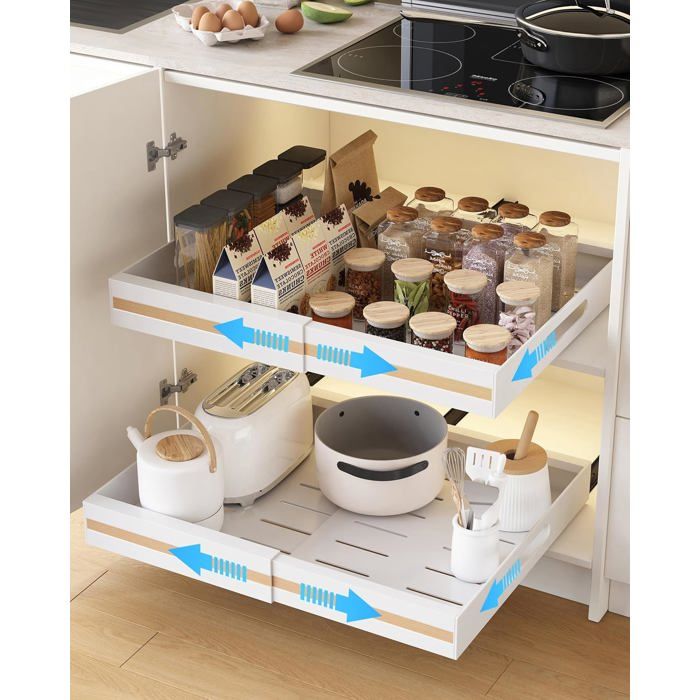 Tiroir coulissant cuisine - Lot de 2 rails adhésifs pour placard Extensible 30.5 à 51.5 cm profondeur 42 cm acier carbone blanc