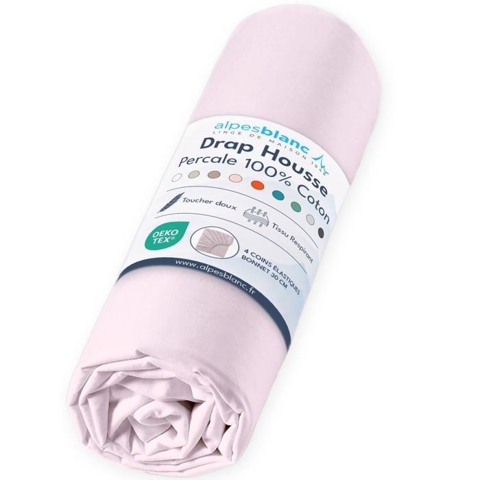 ALPES BLANC - Drap housse Percale 80 fils - Rose poudré 120x190 - Grand bonnet 30 cm – Fabrication Européenne – Doux résistant ALPES BLANC - Drap housse Percale 80 fils - Rose poudré 120x190 - Grand bonnet 30 cm – Fabrication Européenne – Doux résistant