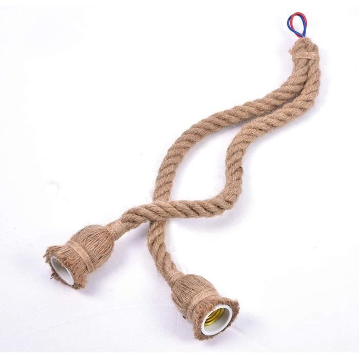 Suspension 3 Spots En Corde De Chanvre - Style Vintage - Longueur 100cm - Culots E27 - Pour Cuisine, Salon, Bar
