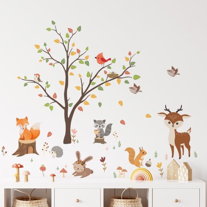 Stickers Muraux Grand Arbre Pin Avec Animaux Jungle - Déco Chambre Enfant, Vinyle Autocollant (4 Planches 30x90cm)