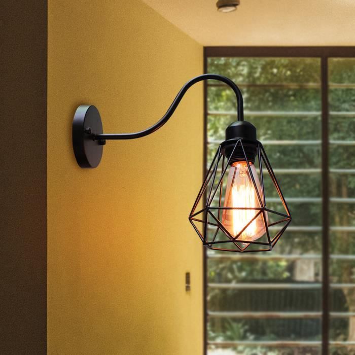 Applique Murale Intérieur Vintage Industrielle Plafonnier Luminaire Noir Diamant Cage en Métal - Sans Ampoule