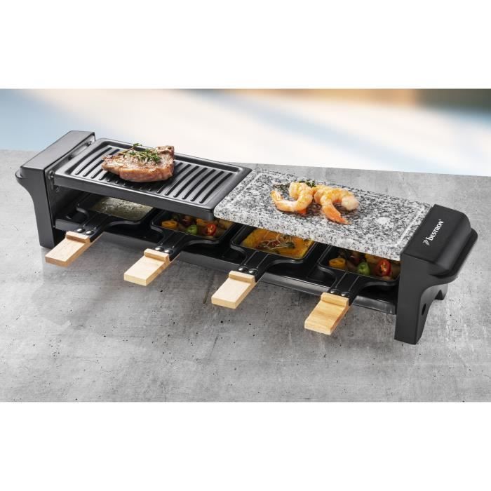 Bestron Appareil à raclette pour 4 personnes, barbecue de table électrique avec 4 poêlons, 4 spatules en bois et 4 soucoupes, Noir