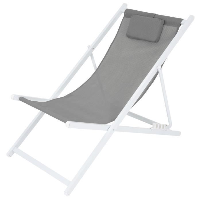 ecd germany chaise longue pliante en aluminium, gris, chilienne de plage avec coussin, dossier réglable en 4 sens
