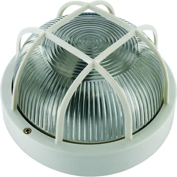Applique de sécurité ronde RANEX - Blanc - Verre et plastique - Grille de protection - 1 ampoule E27 60W - IP44