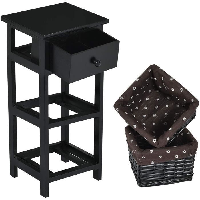 goplus table de chevet avec 1 tiroir et 2 paniers de rangement tissé en osier amovible,commode de rangement en bois moderne,noir