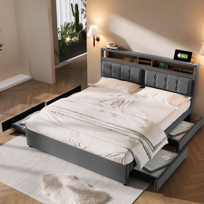 Lit adulte 140x200cm lit double avec 4 tiroirs et port USB sommier à lattes tissu en lin gris Lit adulte 140x200cm lit double avec 4 tiroirs et port USB sommier à lattes tissu en lin gris