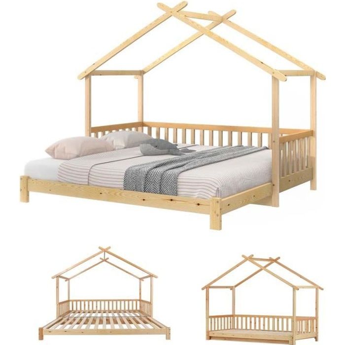 Lit cabane enfants 90x200cm - 180x200cm avec sommier à lattes et forme de toit bois massif simple et double lits naturel Lit cabane enfants 90x200cm - 180x200cm avec sommier à lattes et forme de toit bois massif simple et double lits naturel