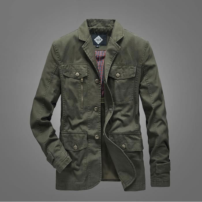 veste homme blazer militaire multi-poches en coton comfort casual - vert