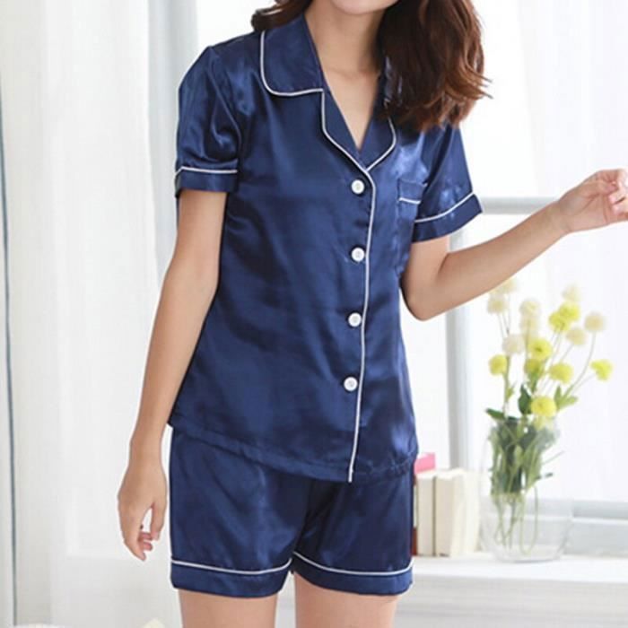 Pyjama,Ensemble Pyjama En Satin Et Soie Pour Femmes, Vêtements De Nuit, Col Rabattu, Manches