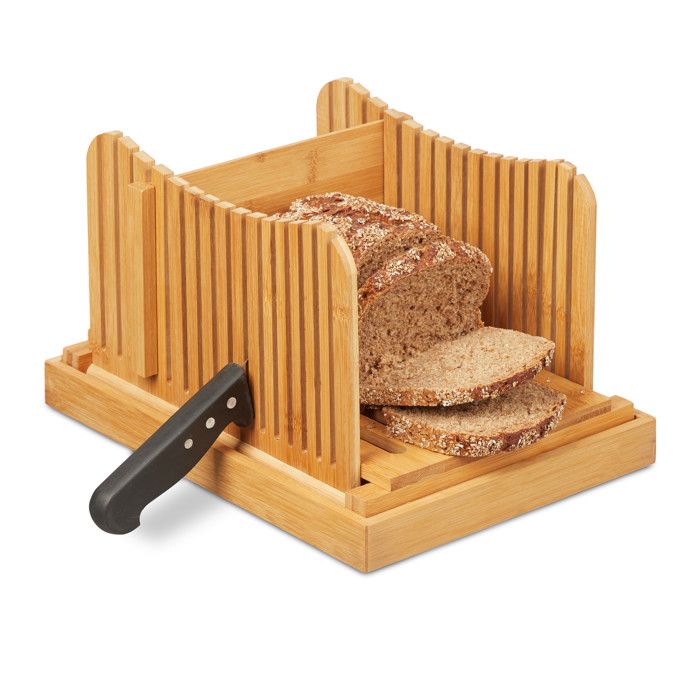 Relaxdays Trancheur à pain réglable planche à découper pour pain toast gâteau bambou ramasse-miettes nature