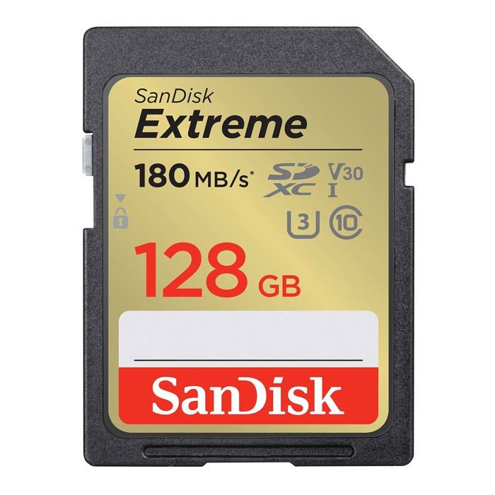 Carte Mémoire SDXC - SANDISK - Extreme 128Go - 180MB/s - UHS-I Class 10 - Résistante à leau et aux chocs Carte Mémoire SDXC - SANDISK - Extreme 128Go - 180MB/s - UHS-I Class 10 - Résistante à leau et aux chocs