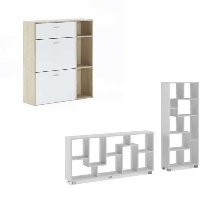 skraut home - ensemble meuble à chaussures, couleur chêne, couleur blanche portes et tiroir, 90x26x101.5cm. étagère, 68,5x25x161cm.