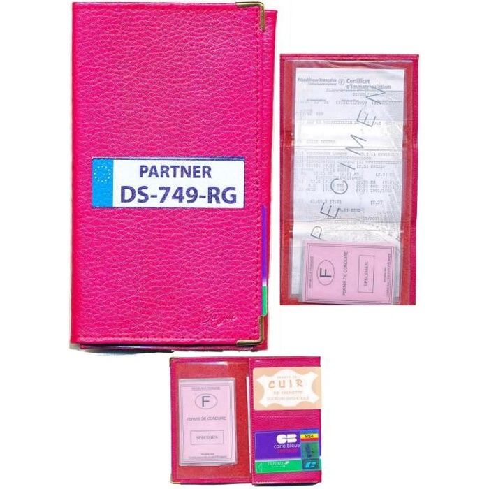 etui protection cuir fushia porte carte grise papiers voiture permis de conduire à personnaliser avec votre immatriculation