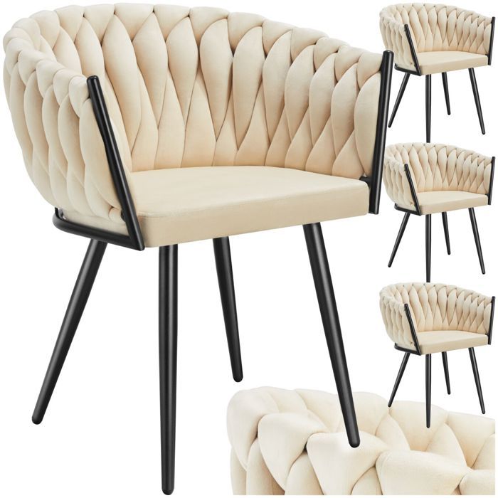 Chaise - TECTAKE - Lot de 4 fauteuils ASTANO en velours et design noué avec pieds fin en acier 605 x 55 x 75 cm - Sable