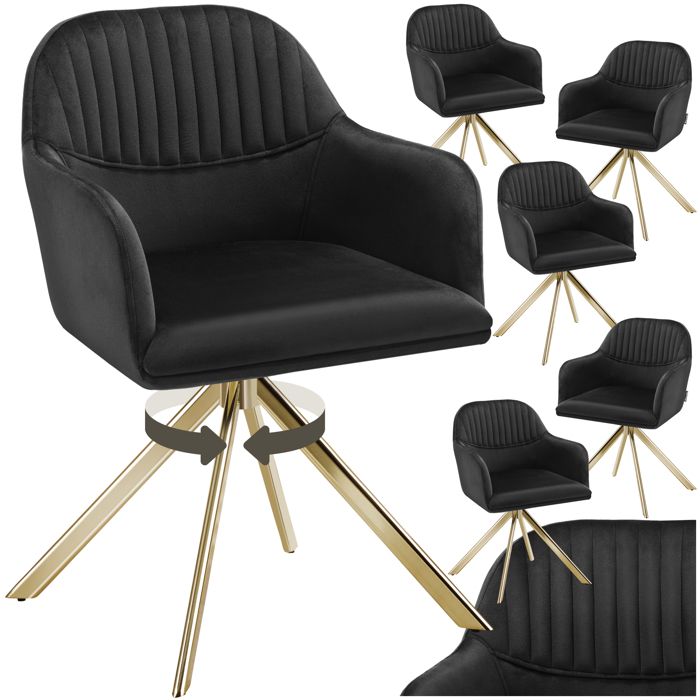 Chaise - TECTAKE - Lot de 6 fauteuils LONA pivotants avec rembourrage épais aspect velours 56 x 59 x 81 cm - Noir/Or