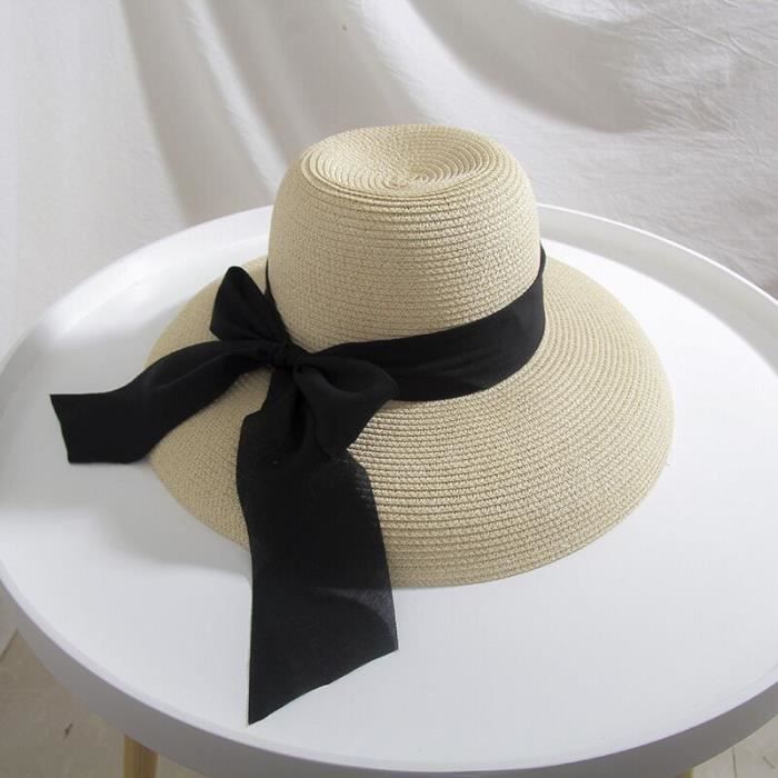 Chapeau De Soleil Panama Femme - Large Bord, Nœud Papillon - Pour Plage, Mariage, Camping - Protection UV