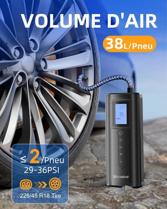 Compresseur Air Portable Woowind 150 PSI - Avec Démarreur De Secours, Lampe LED, Arrêt Auto, Pour Pneus Voiture, Moto, Ballons