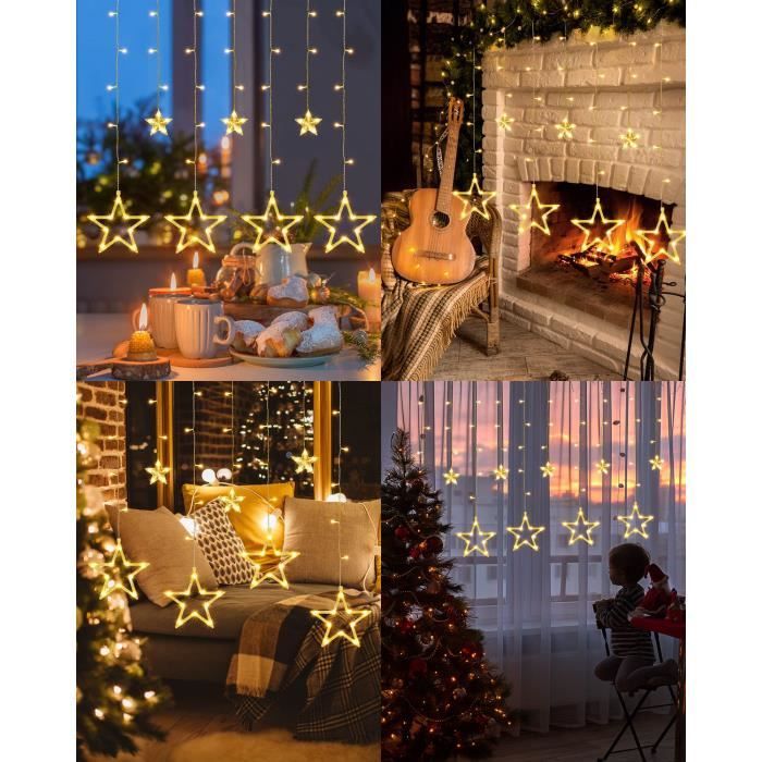 Lypumso Rideau Lumineux Étoiles, 3.5M 126LED Guirlande Lumineuse Noel avec 12 Étoiles 8 Modes, Guirlande LED Noel Pile/USB IP44, Decoration Noël Interieur/Exterieur, Fenêtre, Chambre, Balcon, Mariage