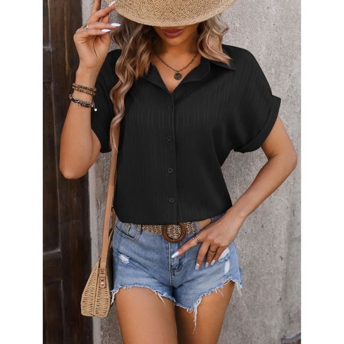 Chemisier Femme Manches Courtes Casual Chemise Lache A Boutons Couleur Unie Taille EU Noir Noir Cdiscount Pret a Porter