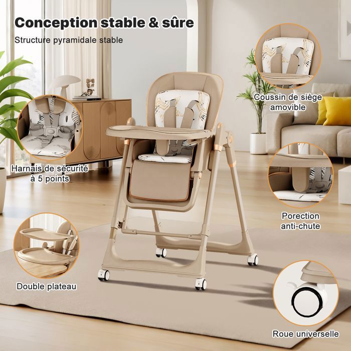 Chaise haute bébé pliable 4 en 1 plateau double amovible 6 hauteurs Chaise haute bébé pliable 4 en 1 plateau double amovible 6 hauteurs