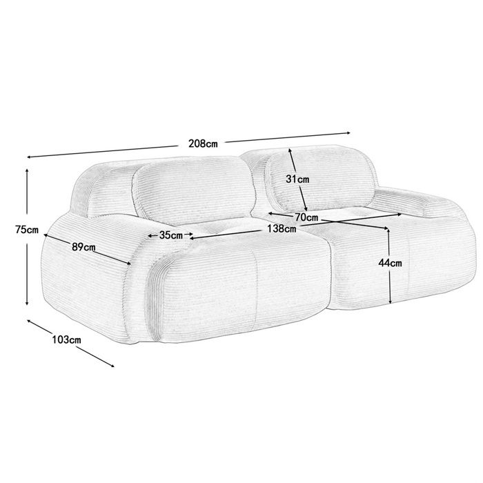 Canapé 2 Places En Velours Côtelé Beige 208 Cm - Modulaire, Accoudoirs Incurvés, Base Antidérapante, Livré Sans Montage - 8