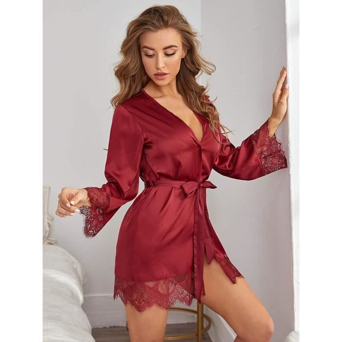 Peignoir Satin Femme avec Dentelle Robe De Chambre Kimono Sortie