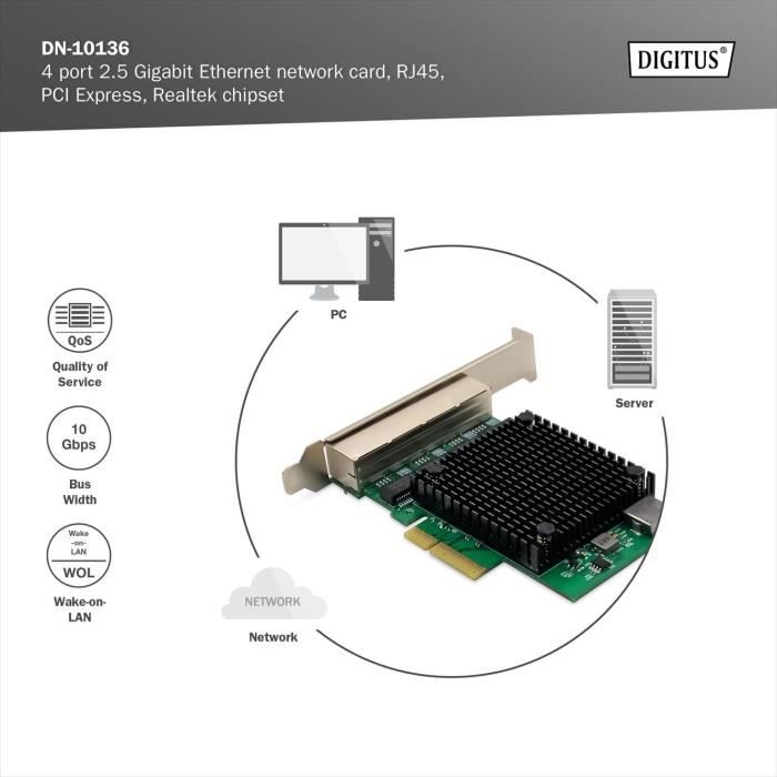 DIGITUS 2.5 Gigabit Server Netwerkkaart – 4-poort RJ45, PCIe X4, RTL8125B, 10/100/1000/2500 Mbps