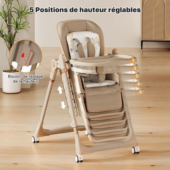 Chaise Haute Bébé 4en1 Kidsgigglz – Réglable, Avec Plateau Amovible Et Roulettes, Harnais 5 Points