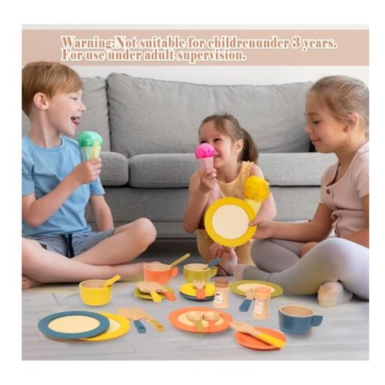 Set De Dinette En Bois 26 Pièces – Assiettes, Tasses, Couverts – Jeu De Rôle Pour Enfants Dès 3 Ans