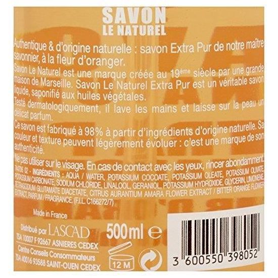 Lot De 2 Savons Le Naturel – Extra Pur De Marseille à La Fleur D’oranger – 500 Ml Chacun – Pour Les Mains
