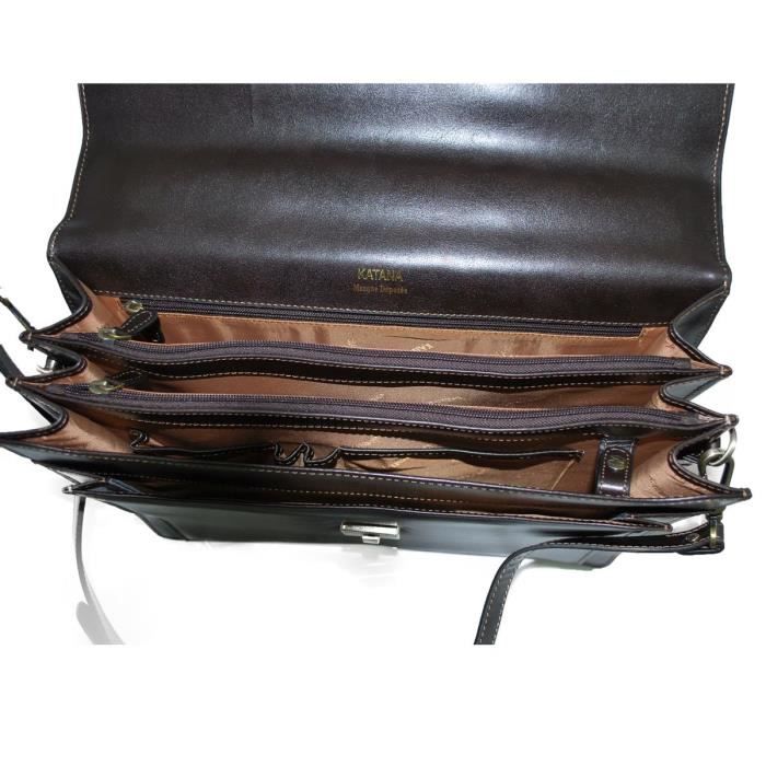 Cartable soufflets en cuir de vachette Marron foncé Marron
