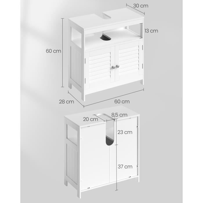 Meuble Sous Lavabo Blanc MDF - 1 Porte, 4 Compartiments - Dimensions 60x60x30 Cm - Idéal Pour Rangement Salle De Bain