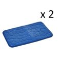 Lot 2 tapis de bain à motif galets, tapis salle de bain antidérapant en microfibre coloris bleu foncé-Longueur 60 x Profondeur 40-0