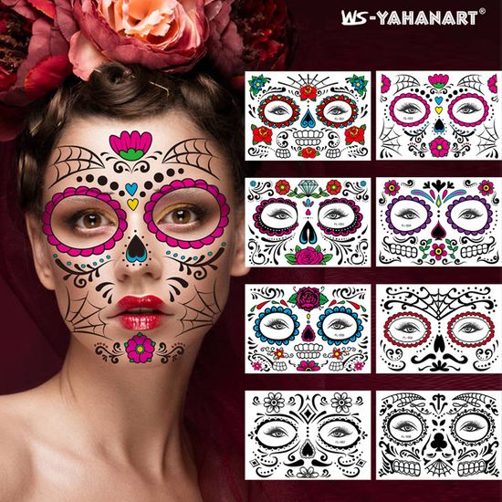 12 Feuilles De Tatouages Temporaires Halloween - Crânes Floraux, Squelettes, Pour Visage Et Corps