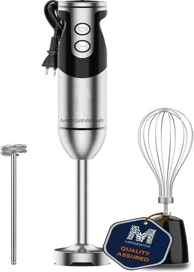 Megawise Pro Titanium 3-en-1 Mixeur Plongeant 800W Max - 12 Vitesses, Fouet, Mousseur à Lait Inclus, Noir